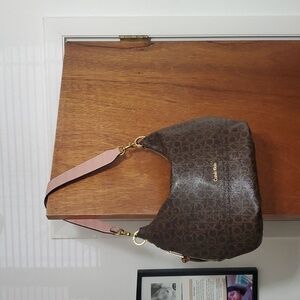 Calvin Klein Brown Monogram Shoulder Hobo Bag